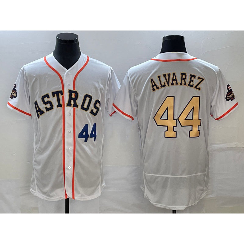 marshops Houston Astros #44 Yordan Alvarez Number 2023 White Gold  World Serise Champions Patch Flex Base Stitched Jersey 3